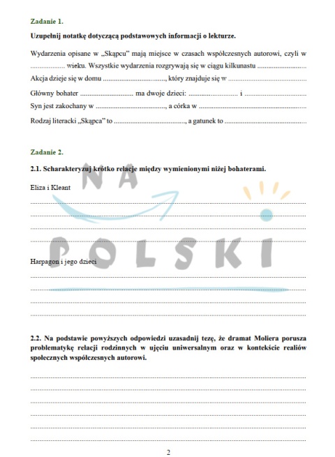 "Skąpiec" - sprawdzian z treści i problematyki lektury | Na Polski